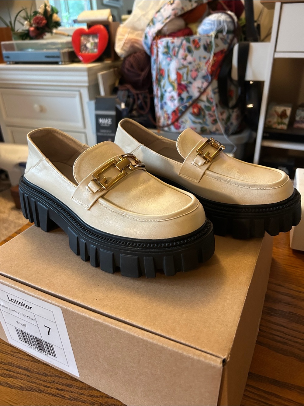 Cream Lug-Sole Loafers with Gold Chain Accent